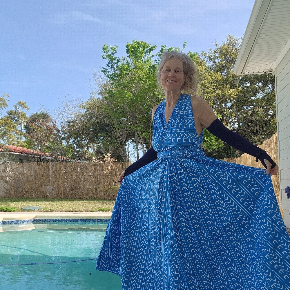 Ocean Blue Circle Maxi Dress Skirt Option Multi Tie 100% Cotton Med Large